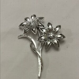 Silver Floral Double Flower Brooch - Sparkling Petal Pin